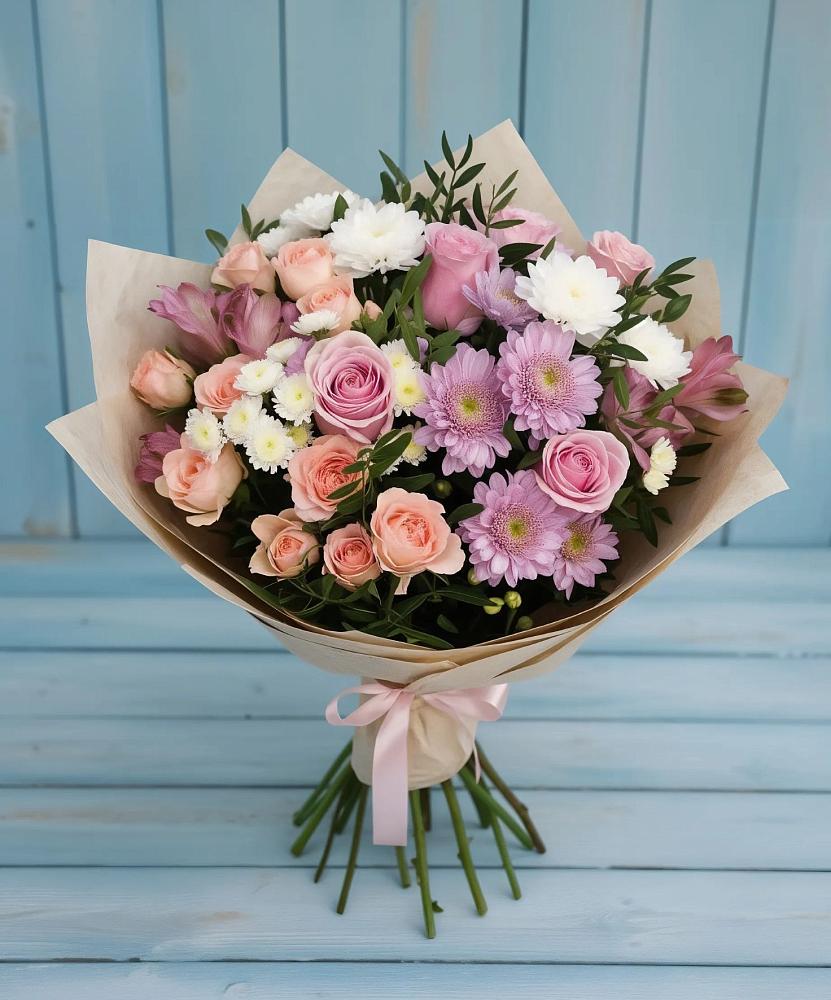 Букет цветов из: Хризантемы, Розы и Альстромерии в Тарумовке