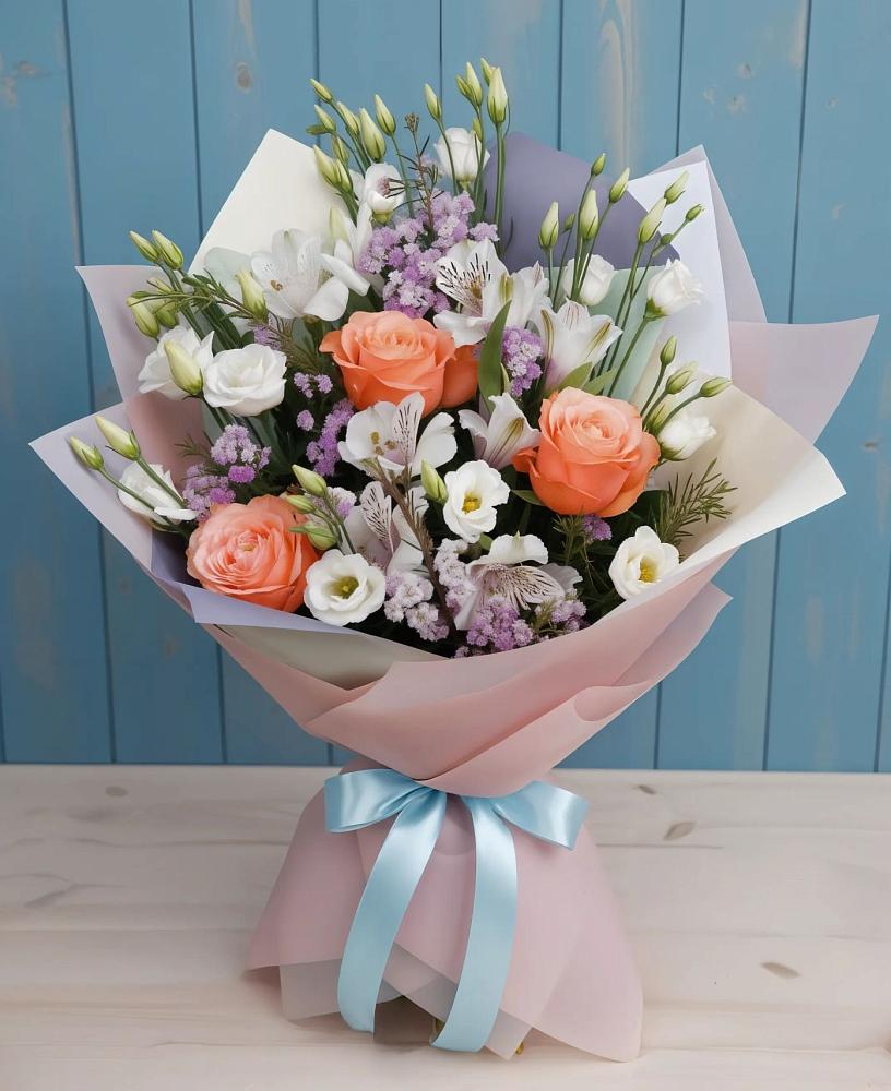Букет цветов из: Лизиантусы, Розы, Альстромерии и Гипсофила в Тарумовке