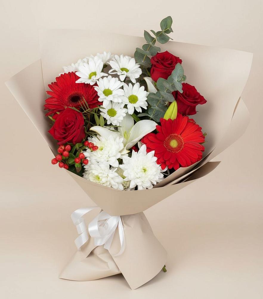 Букет цветов из: Розы, Хризантемы, Герберы и Лилии в Тарумовке