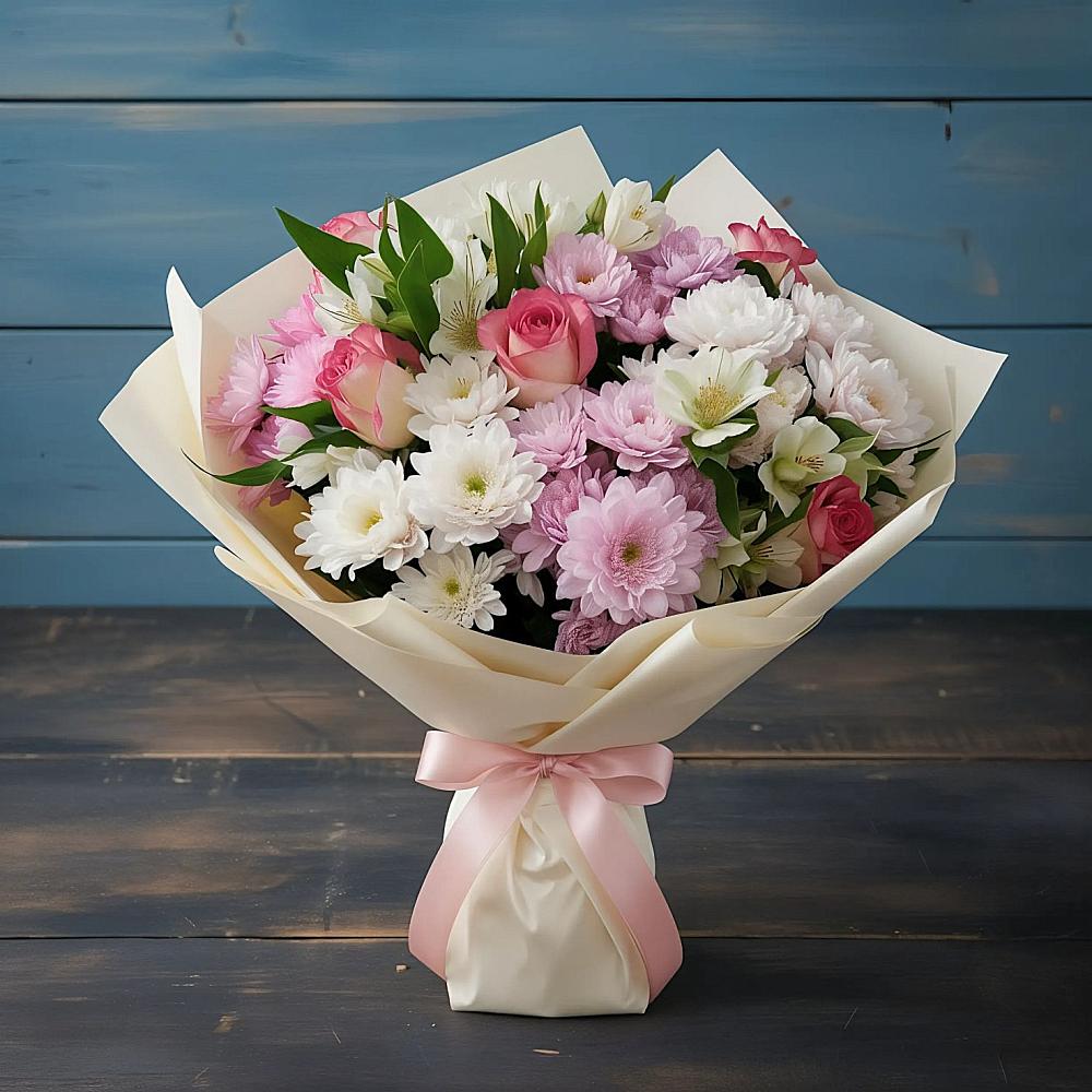 Букет цветов из: Хризантемы, Альстромерии и Розы в Тарумовке